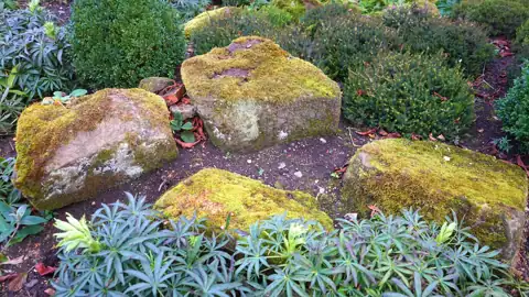 Große Natursteine in einem Beet